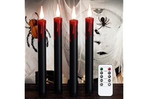 GenSwin Halloween Black Taper Flameless Candles Battery Operated with Remote Timer, 4 Pcs Drip Wax Flameless LED Candle Sticks with 3D Flickering Flame for Window Fireplace Decor (0.78 x 8.9 inches)