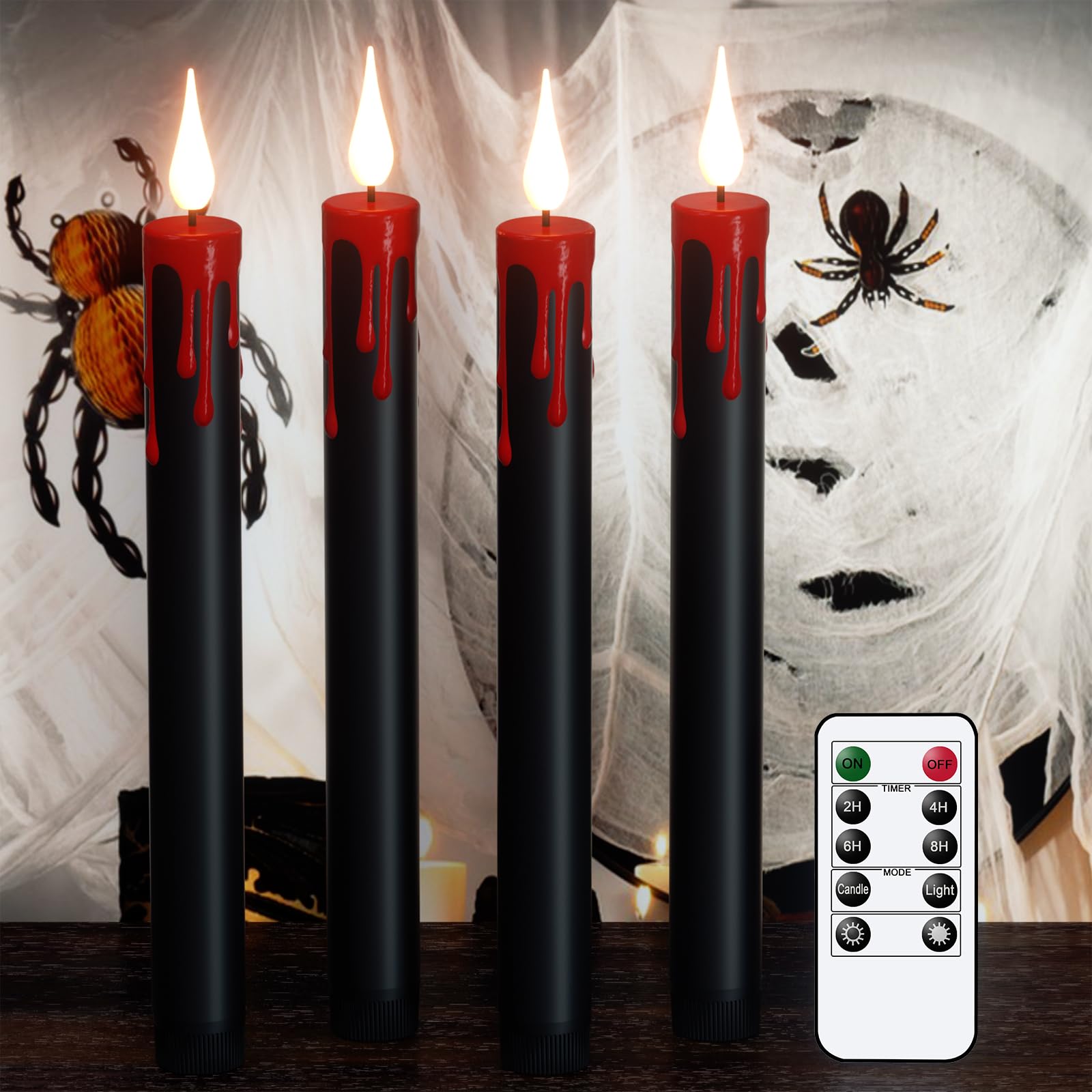 Photo 1 of GenSwin Halloween Black Taper Flameless Candles Battery Operated with Remote Timer, 4 Pcs Drip Wax Flameless LED Candle Sticks with 3D Flickering Flame for Window Fireplace Decor (0.78 x 8.9 inches)
