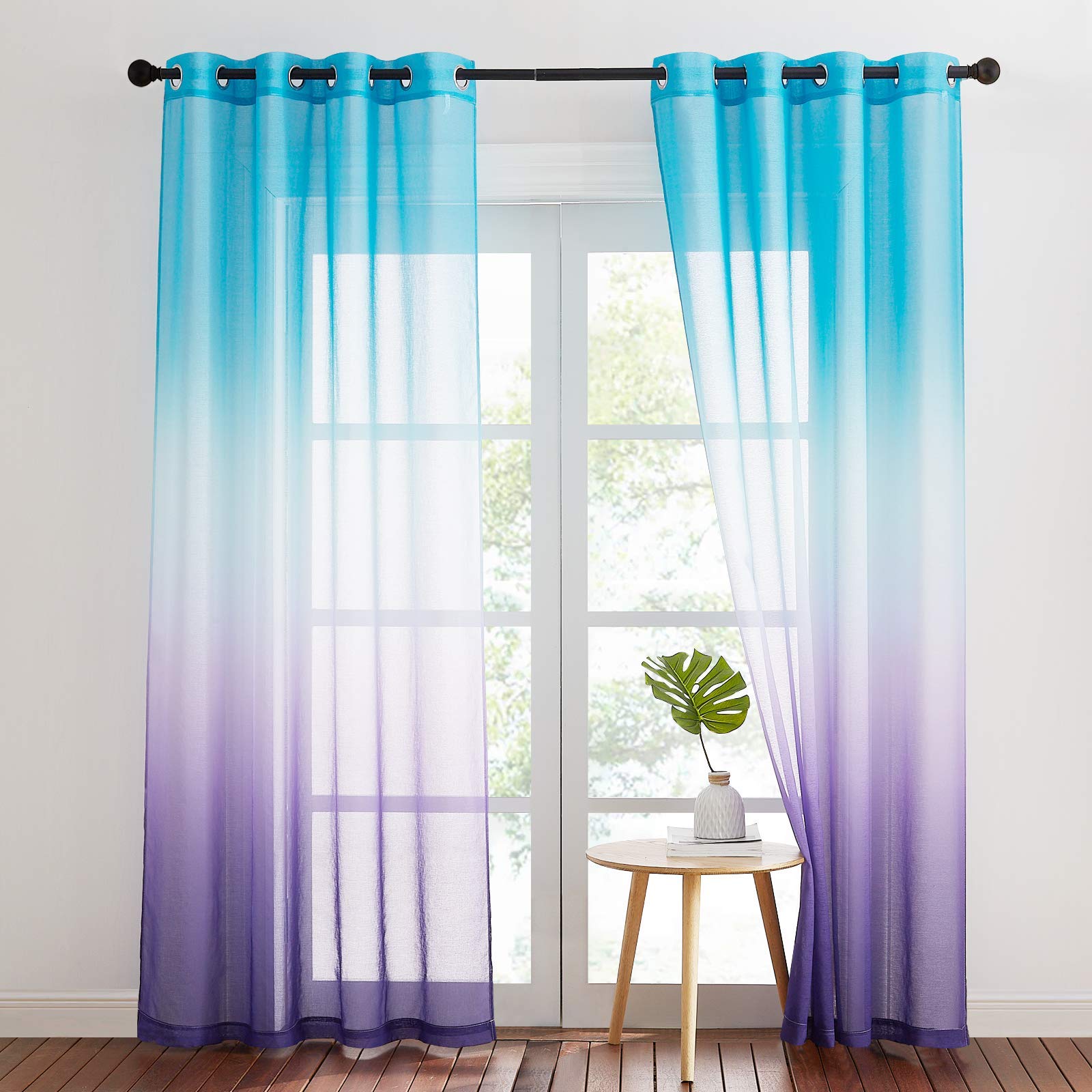NICETOWN Voile Curtains Living Room Modern Short Colour Gradient Curtain Semi-Transparent Window Curtains Linen Look Semi-Transparent Eyelet Curtain Set of 2 H 245 x W 140 cm Blue Purple — image 1