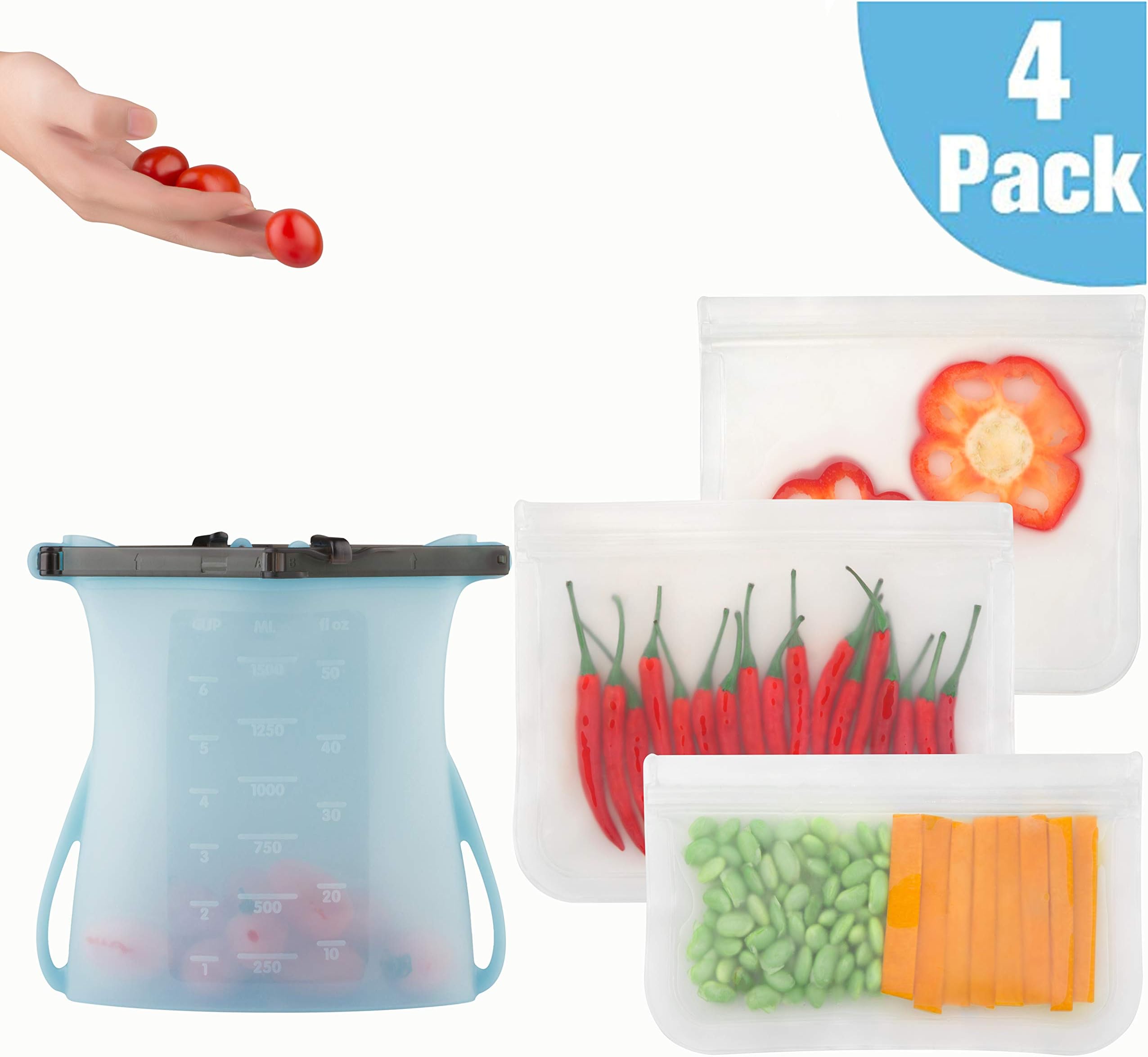 Reusable Storage Bags, 1 Pack Reusable Silicone Bag+3 Pack Resealable Plastic Bags, Collapsible Food Storage Bags, Sandwich Bags and Snack Bags for Kitchen Office Travel(4 pack)