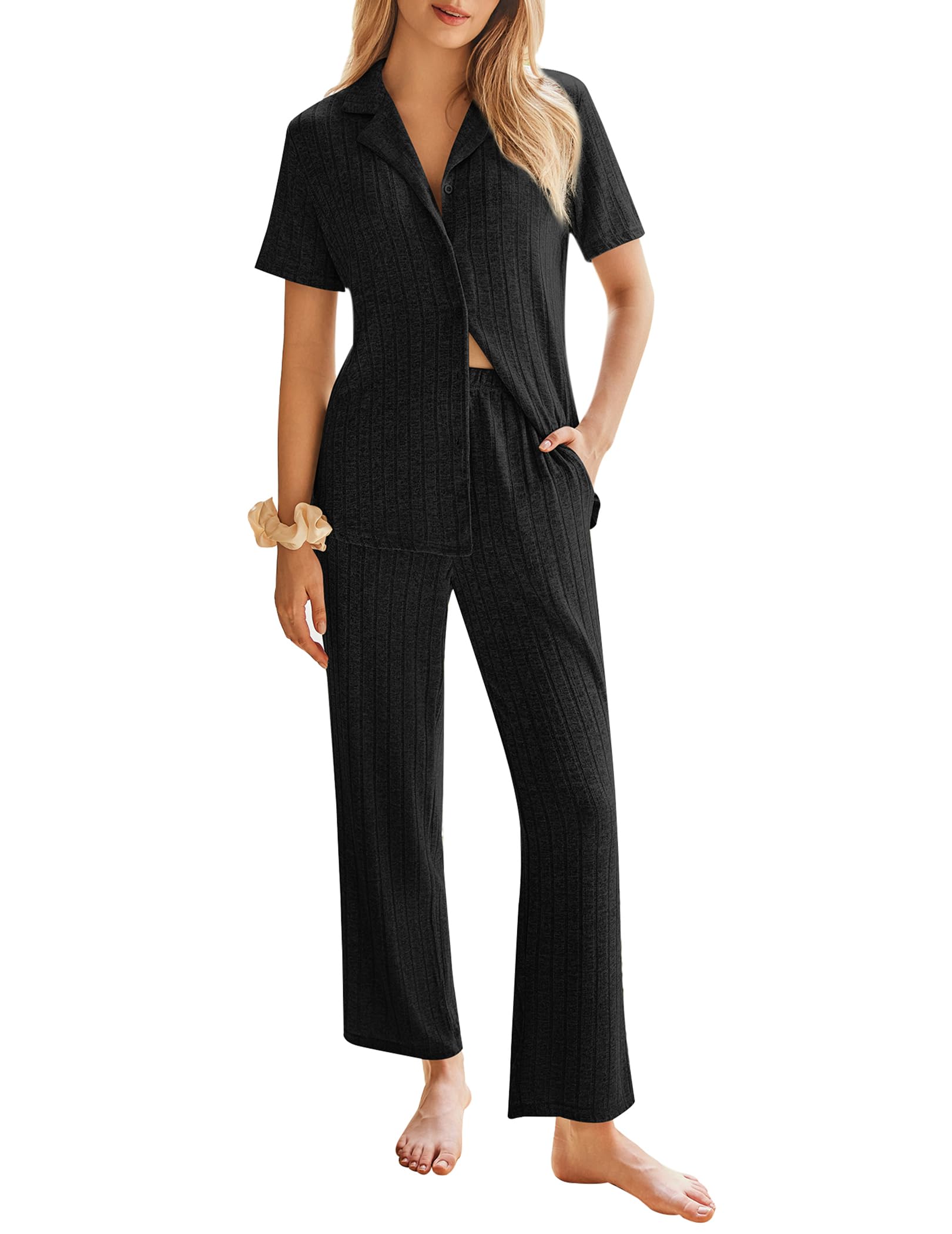 Photo 1 of Ekouaer Womens Rib Knit Pajamas Button Up Lounge Sets Short Sleeve Top and Long Pants Matching Pjs Sleepwear Loungewear Sets Black Medium