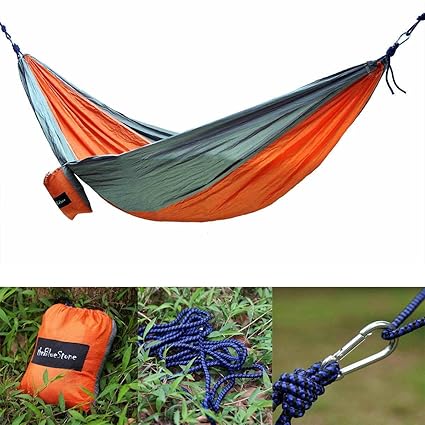 Generic Portable Outdoor Camping Sleep Double Hammock Parachute Nylon Fabric Orange+Grey