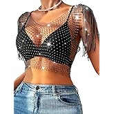 Uranian Rhinestone Mesh Body Chain See Through Crop Top Sleeveless Tassel Tank Top Bikini Cover Up for Beach Rave Party Festival