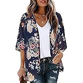 Chunoy Women Floral Print Lightweight Chiffon Kimono Cardigan Short Sleeve Loose Beach Wear Cover Up Blouse Top