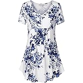 BAISHENGGT Women's Tunic Tops for Leggings Summer Short Sleeve Henley V Neck Button Casual Blouses Flowy T Shirt