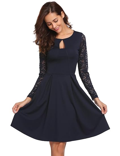 Beyove Damen Elegant Kleid Spitzenkleid Partykleid Cocktailkleid Abendkleider Ballkleider Festliches Kleid Langarm A Linie Kn