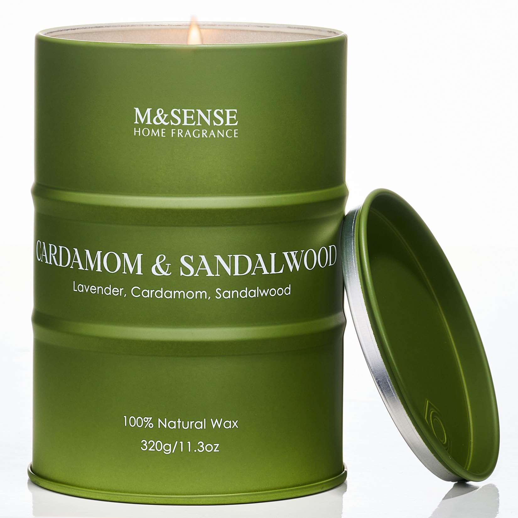 M&SENSE Wood Cardamom Scented Candle, Large 320g Organic Soy Wax, Up to 70 Hours Burn Time, Non Toxic Warm Home Fragrance Candle, Luxury Gift for Men and Women, Cozy Decor and Relaxation