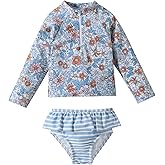 DREAM BUS Toddler Girls Long Sleeve Swimsuit 2 Piece Rashguard Set Sun Protection Baby Girls Bathing Suit Kids Swimwear