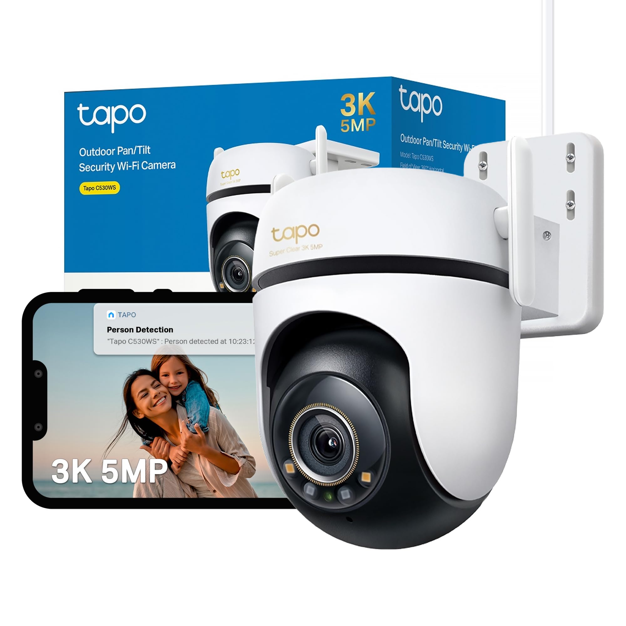 Tapo C530WS - Cámara de Seguridad para Exteriores con Giro e inclinación, cámara WiFi para Exteriores de 3K 5MP, visión de 360° con Seguimiento de Movimiento, sin cuota mensual, detección AI, visión