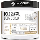 pureSCRUBS Premium Vanilla Body Scrub Set - Large 16oz Dead Sea Salt Body Scrub With Infused Essential Oils & Nutrients, Includes Wooden Spoon, Loofah & Oatmeal Exfoliating Bar Soap