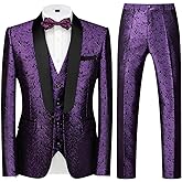 KUDORO Mens Suits Slim Fit 3 Piece Tuxedo Suit Set for Prom Wedding Party Paisley Jacket Vest Pants Homecoming Outfit