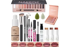 ARINDAR All In One Makeup Kit Full Kit, 3 Pcs Cream Contour Sticks,12 Colors Eyeshadow Palette,Full Coverage Foundation, 6 Colors Lipstick Set, Waterproof Eyeliner and Mascara(104# Buff Beige)