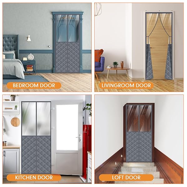 FANFANWIN 2 SETS MAGNETIC THERMAL INSULATED CURTAINS FOR 30″ X 80″ DOORS WITH CLEAR WINDOW WINTER THICKEN QUILTED OXFORD COTTON WATERPROOF DOOR COVER FOR COLD WEATHER(GRID, TRANSPARENT GRAY)