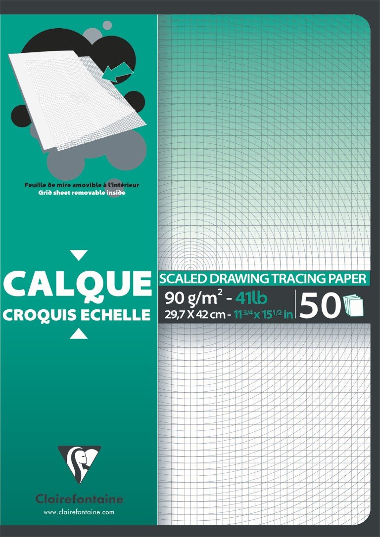 Clairefontaine - Ref 97132C - Scaled Grid Tracing Paper Pad (50 Sheets) - A3 (297 x 420mm) in Size, 90/95gsm Paper, Acid Free, pH Neutral, Highly Transparent