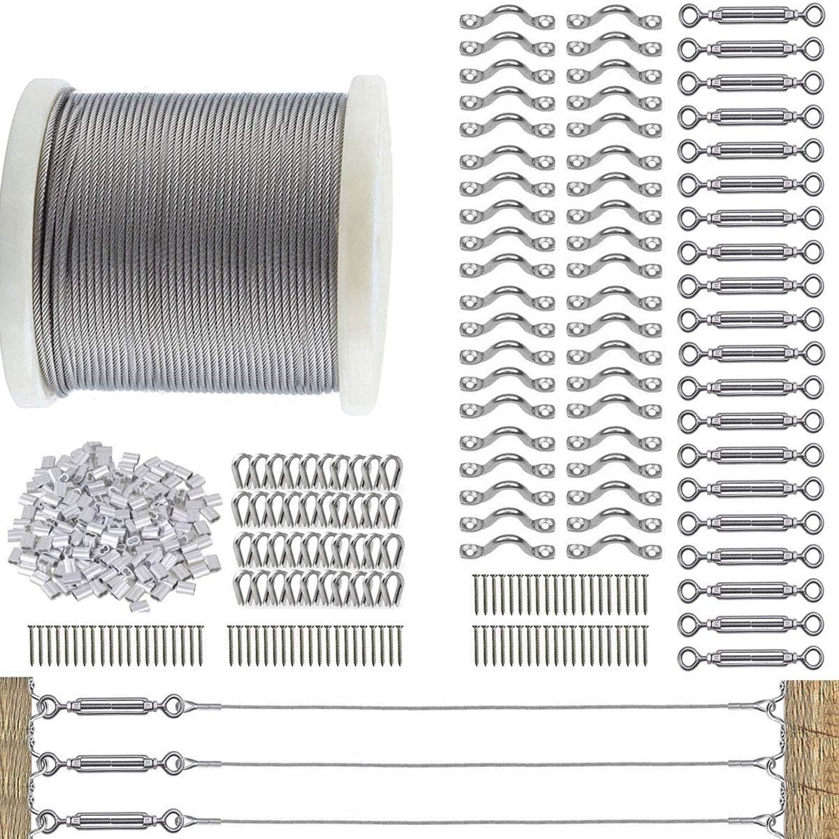 TooTaci 3mm Balustrade Wire Kit, 122M/3mm Stainless Steel Wire Rope with 20pcs M5 Turnbuckle & Cable Tensioner Kits, 7×7 Strands Steel Cable Heavy Duty, Use for Decking, Fence DIY