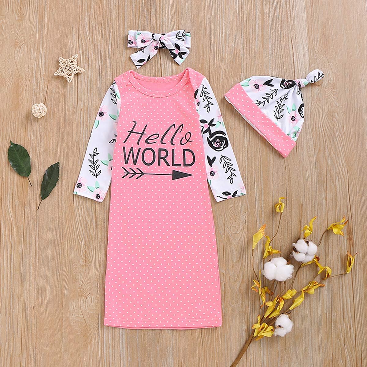 Dramiposs 3PCS Newborn Hello World Nightgown Baby Coming Home Outfits Sleepwear with Headband and Hat: Clothing