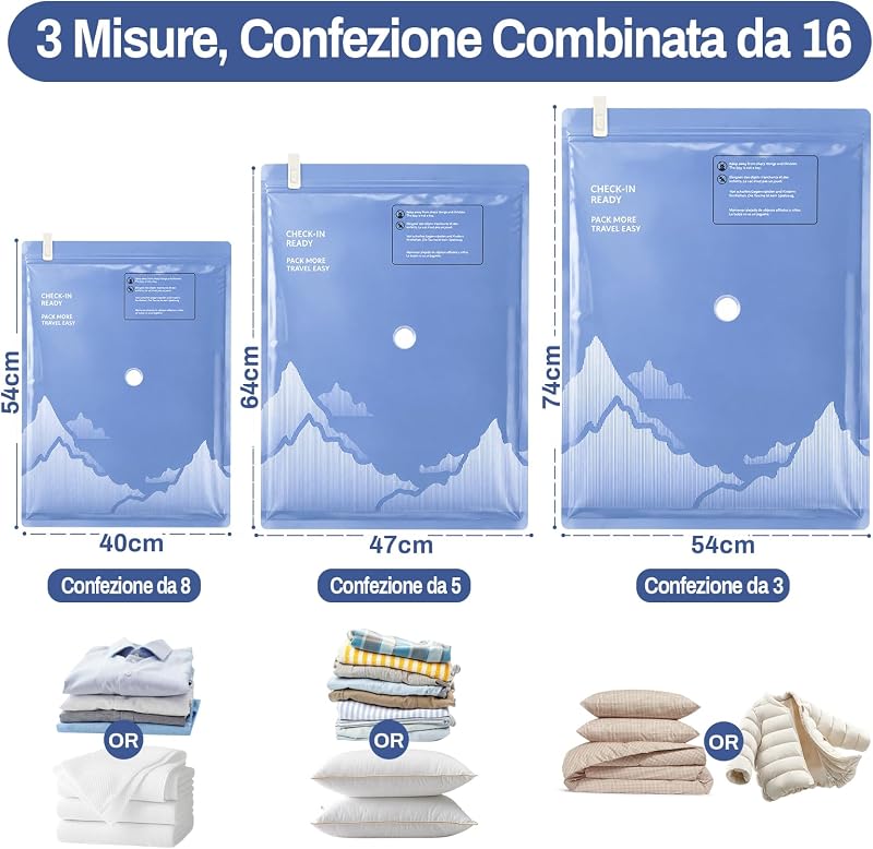 Sacchetti Sottovuoto Vestiti con Pompa Elettrica, contenenti 16 Sacchetti Sottovuoto (3 * 74x54 cm, 5 * 64x47 cm, 8 * 54x40 cm), Ldeali per viaggi, Traslochi e Conservazione