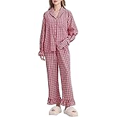 Flygo Womens Gingham Pajamas Sets Cotton Plaid Pjs Ruffled Sleeve Button Down Shirt Pants Y2k 2 Piece Lounge Set