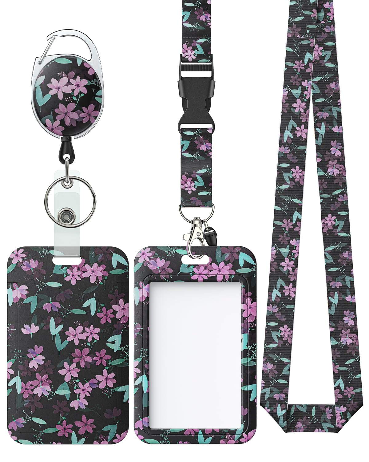 Uniclife Floral Sliding Badge Holder Pink Flower Plastic Black Case with Retractable Badge Reel Carabiner Clip and Detachable Lanyard Strap