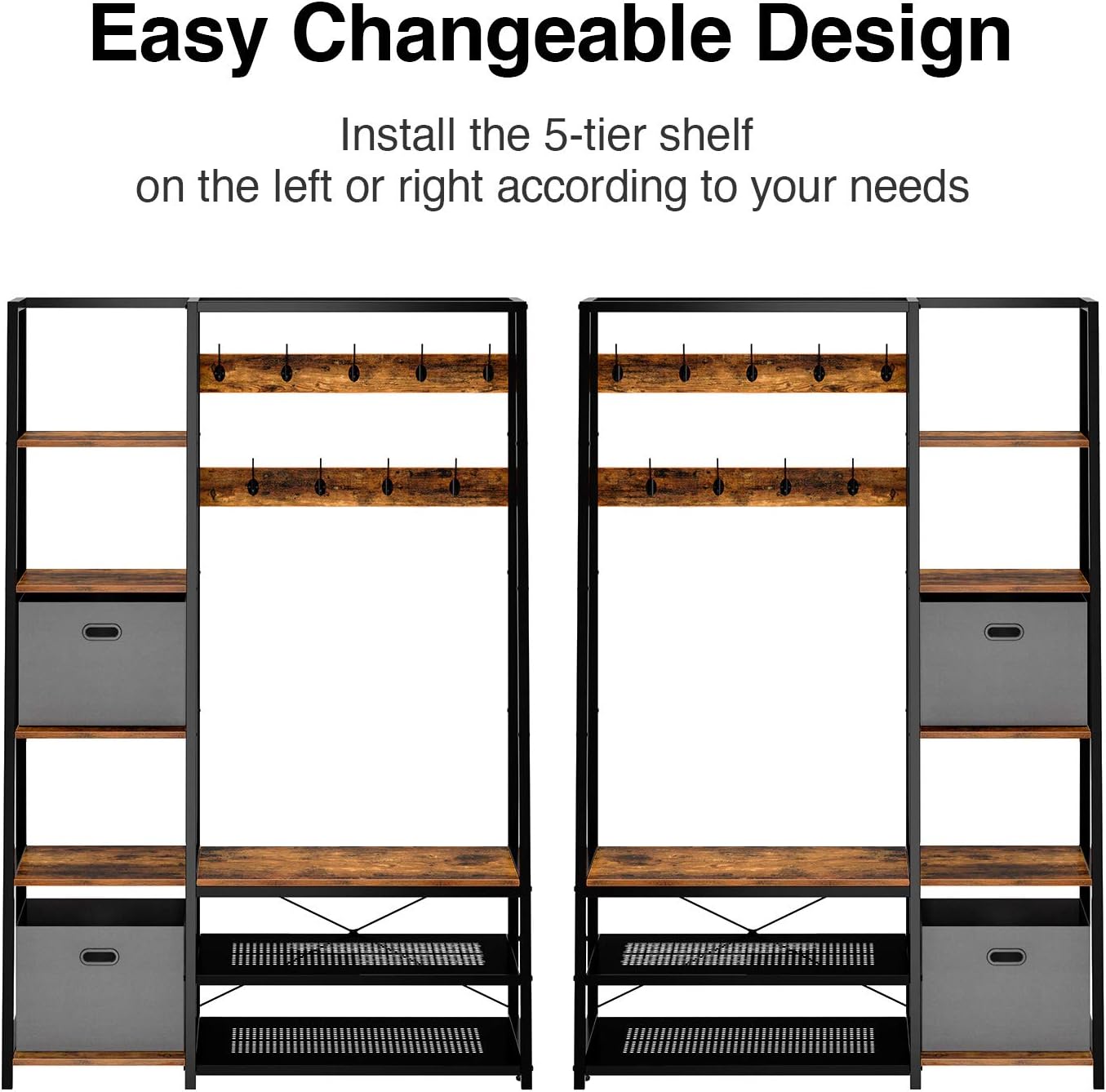 Rolanstar Hall Tree with Side Storage Shelves, Entryway Hall Tree with Shoe Bench and Coat Racks and 2 Foldable Cube Storage Bins,for Entryway, Bedroom, Sturdy and Easy Assembly: Home Improvement