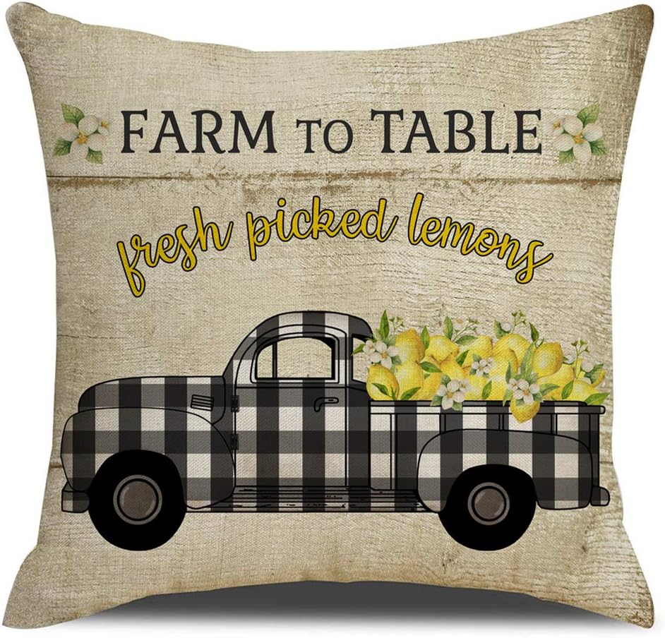 KACOPOL Retro Vintage Wood Background Farm Fresh Lemon Buffalo Check Truck Pillow Covers Summer Farmhouse Decorative Throw Pillow Case Cushion Cover 18" x 18" (Lemon Truck)