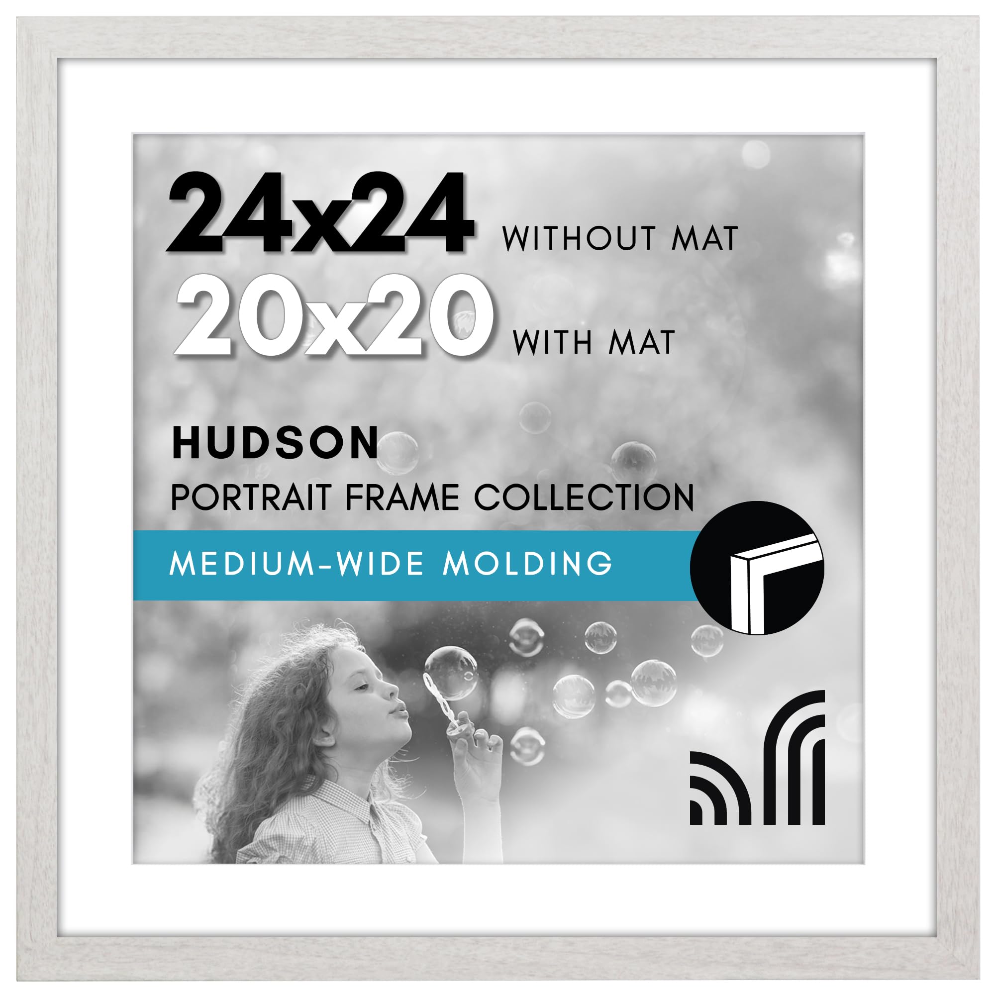 Americanflat 24x24 Picture Frame with Polished Plexiglass - Use as 20x20 Frame with Mat or Display 24x24 Photo Without Mat - Hudson Collection - Wide Square Frames for Wall Display - White Image