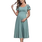 Ruffle Short Sleeve Maternity Dress High Waisted Midi Spring Baby Shower Dresses