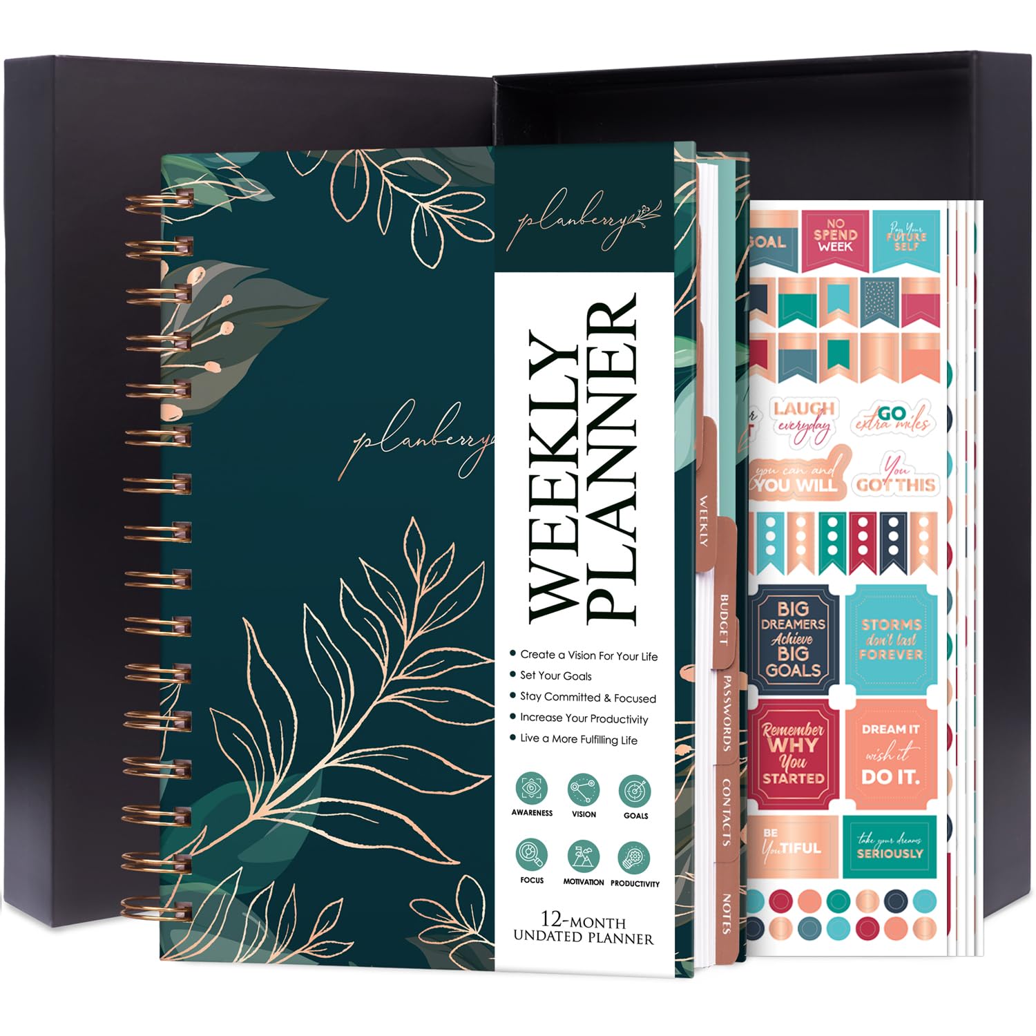 PLANBERRY Weekly Planner – Elegant Life & Budget Planner to Hit Your Goals & Live Happier – Organizer & Productivity Journal – 17.5 x 21.5cm Hardcover, Undated + Stickers (Green Pastures) — image 1