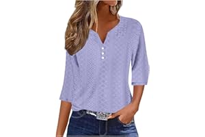 TXXEOSS Womens 3/4 Sleeve Tops V Neck Tee Casual Eyelet Hollow Shirts Button V Neck Dressy Casual Shirts Elegant Blouse