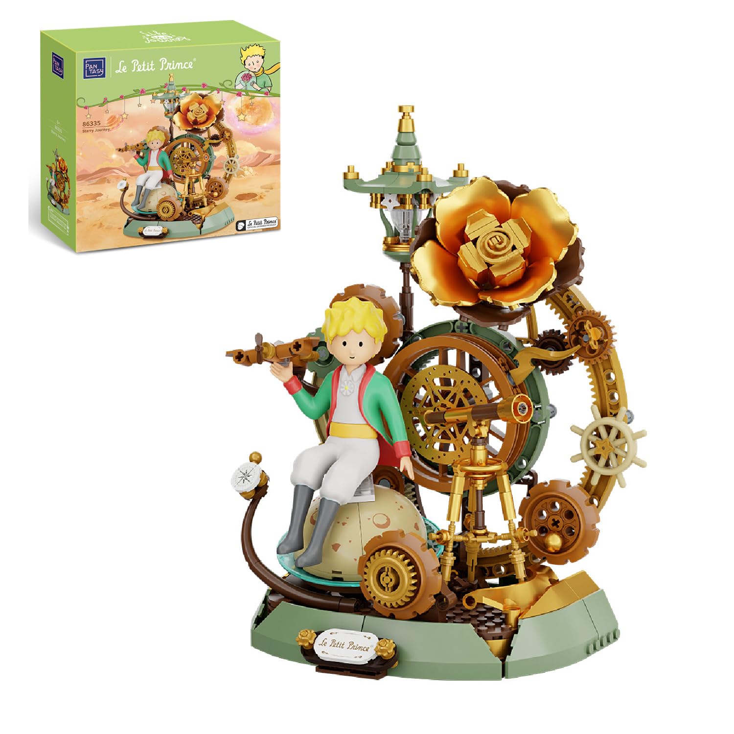 PANTASY Der Kleine Prinz – Sternenreise Bauset, von der Vintage-Mechanik-Taschenuhr inspiriertes Modell mit Zahnrädern, Teleskop & Goldener Rose, Sammler-Displayspielzeug mit exklusiver Prinz-Figur