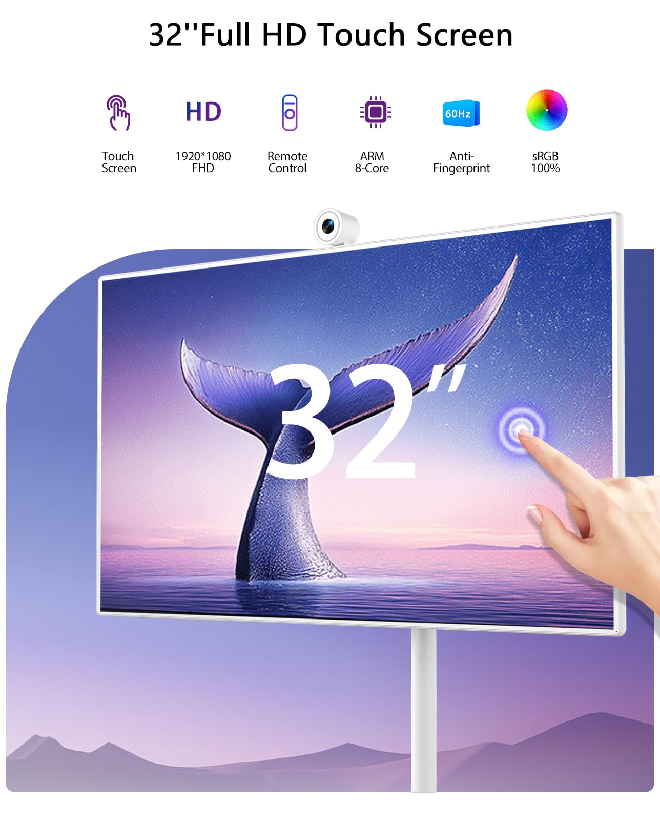 GFF 32-Inch Portable Smart TV on Wheels, Rolling TV with Touch Screen Monitor, 8G RAM +128G Storage, Android 13 OS, Built in Google Assistant, 2K Webcam, Full Swivel Rotation, Remote Control