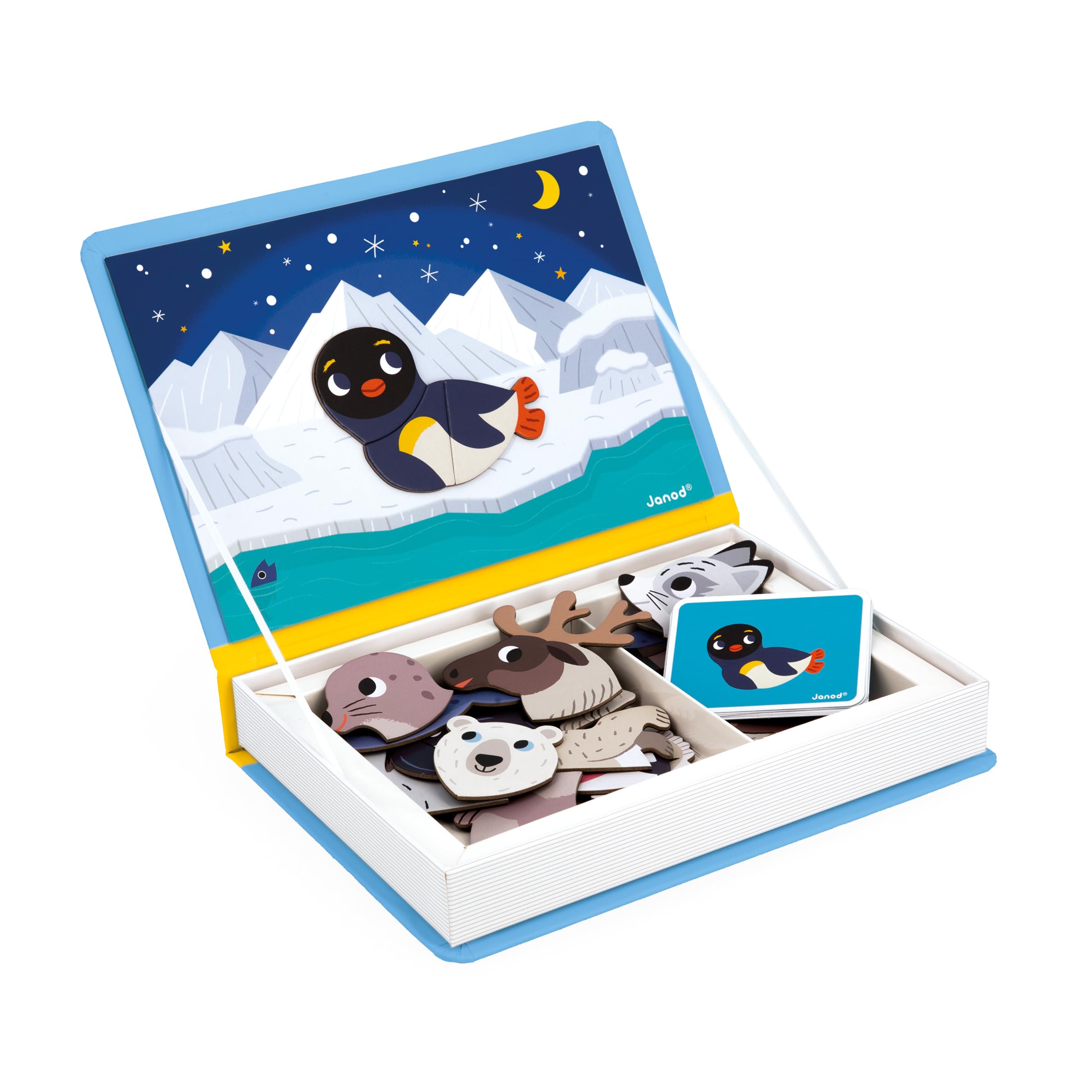Janod - Magnéti'Book Arctic Animals - 30-Magnet Educational Game with 10 Model Cards - Children’s FSC Cardboard Toy - Develops Fine Motor Skills & Imagination - 3 years +