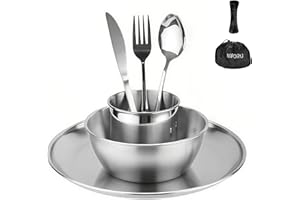 Camping Cutlery Set, ISFORU Stainless Steel Tableware Mess Kit Includes Plate Cup Bowl Cutlery with Storage Bag, Dinnerware U