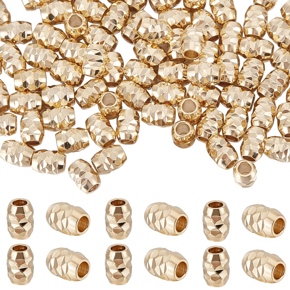 Beebeecraft 1 Box 100Pcs Gold Fancy Barrel Spacer Beads 24K Gold Plated Brass Small Corrugated Rondelle Barrel Beads with 1.2mm/0.05in Hole for DIY Jewelry Making Craft