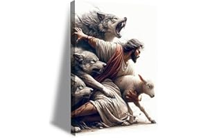 Framed Jesus and Lamb Canvas Wall Art Jesus Saves the Lost Lamb Wall Decor Christian Posters Pictures Shepherd Protect a Lamb