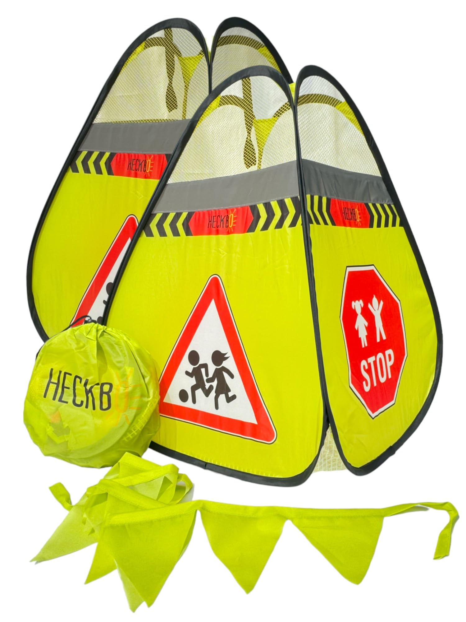 HECKBO 2x Road Warning Sign Caution Children Sign Playing Cones + Pennant Chain - Children's Road Cones Children's Safety Safety Pop Up Set - Caution Children Street Buddy Warning Cones