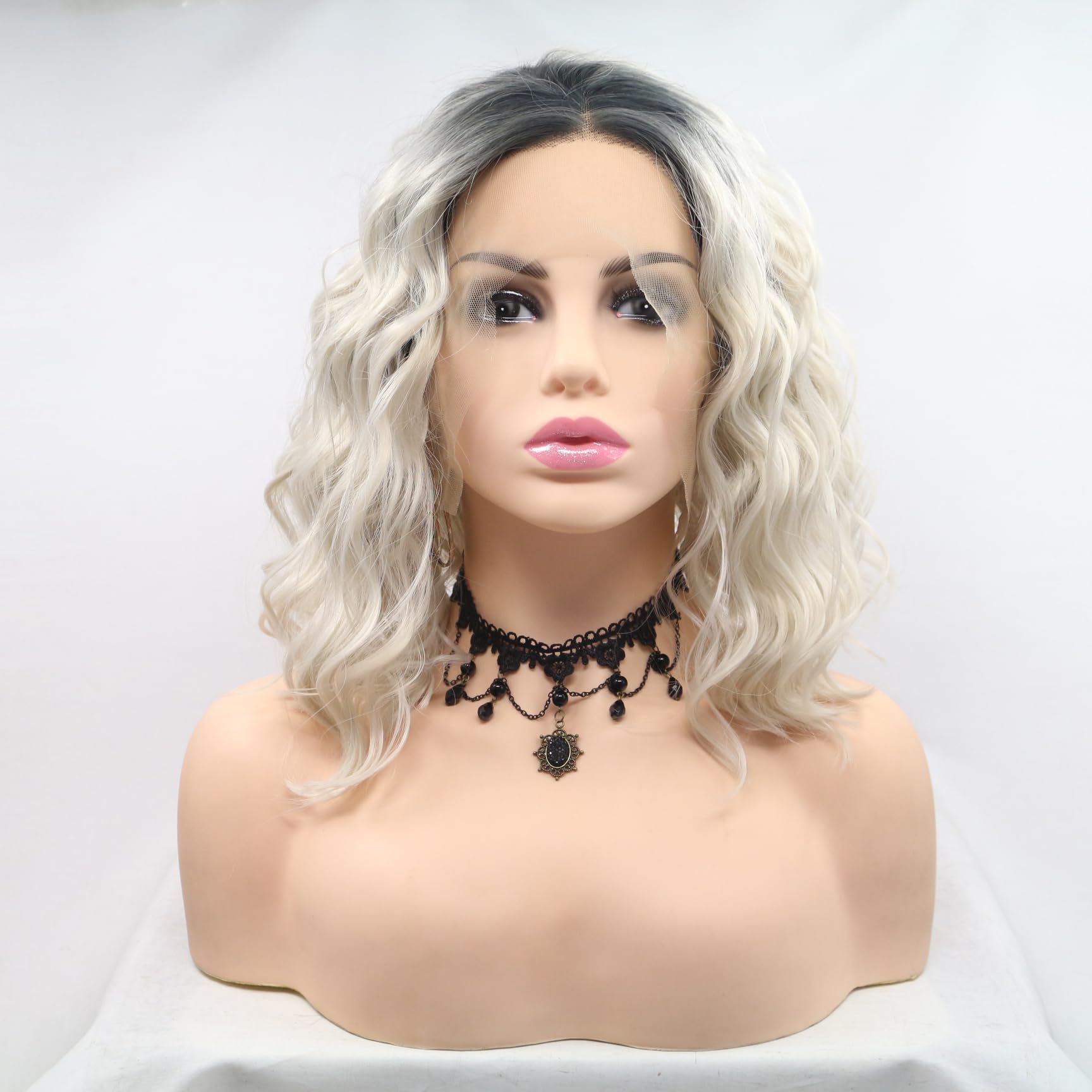 Xiweiya Short Bob Blonde Curly Wavy Wig with Dark Root Light Blonde Synthetic Lace Front Wig Middle Part Heat Resistant Fiber Bob Soft Hair for Women Cosplay 14 Inches โ image 1