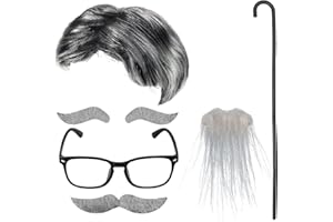 Keymall Old Man Wig And Mustache Set Grandpa Costume Accessories Kit With Grey Wig Fake Beard Eyebrows Cane Glasses for Men Adults teens (Grey wig set)