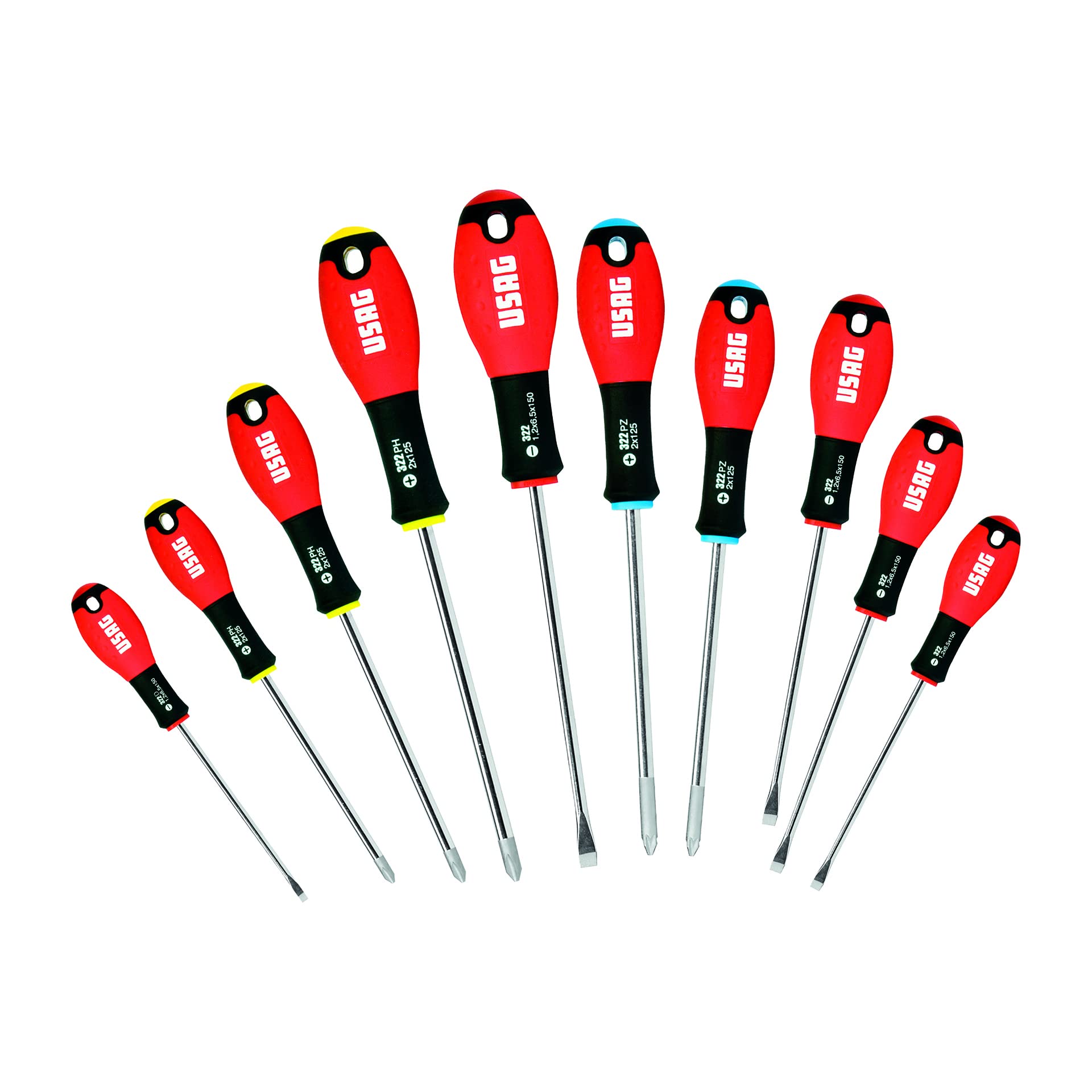 USAG U03220255 - 322 SH10 - Set of 10 screwdrivers for slot-head, PHILLIPS® and POZIDRIV® screws