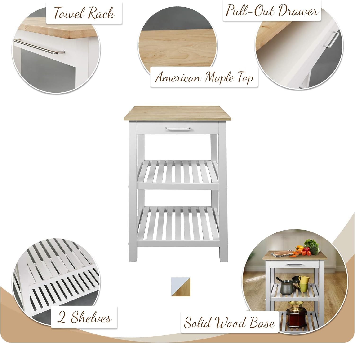 Casual Home Sunrise (Small) with Solid Maple Top Kitchen Island, 22.75"W, Natural&White: Furniture & Decor