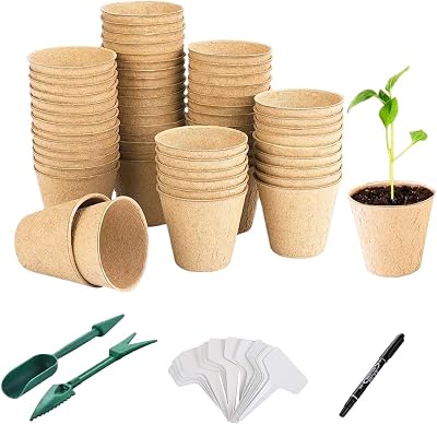 BIPY 50x 8cm Round Biodegradable Seed Pots for Seedlings Plant Labels Dibber