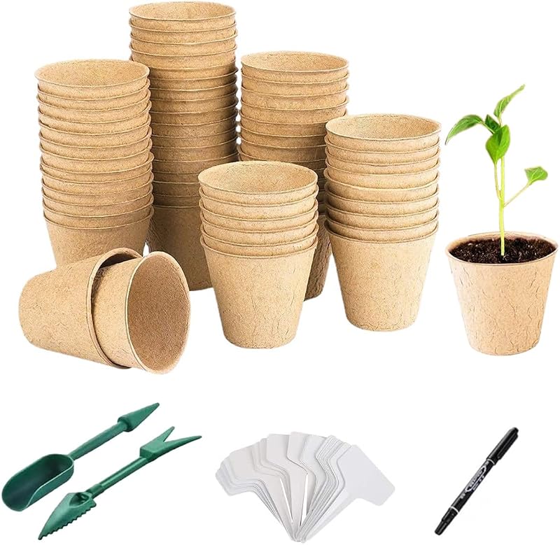 BIPY 50x 8cm Round Biodegradable Seed Pots for Seedlings Plant Labels Dibber