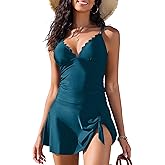ZAFUL Womens Tankini Swimsuits Tummy Control Scalloped V Neck Tankini Bathing Suits with Skirt Bottom Ladies Swimwear Teal Blue