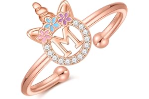 POSHJEW Initial Rings for Teen Girls - 14K Gold/White Gold/Rose Gold Plated Adjustable Unicorn Letter Rings for Girls