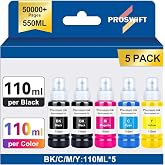 PROSWIFT Compatible Ink Bottle Replacement for Epson 522 Ink Refill Bottles | Compatible with Epson EcoTank ET-2800 ET-4800 ET-2400 ET-2803 ET-4903 ET-2410 ET-2720 Printers (5 Bottles,550 ml)