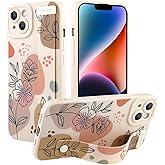 Jefonha Case for iPhone 14 Silicone Phone Case with Strap for Women Girls Cute Floral Flowers Pattern, Adjustable Soft Finger Strap Kickstand Protective Cover, Beige