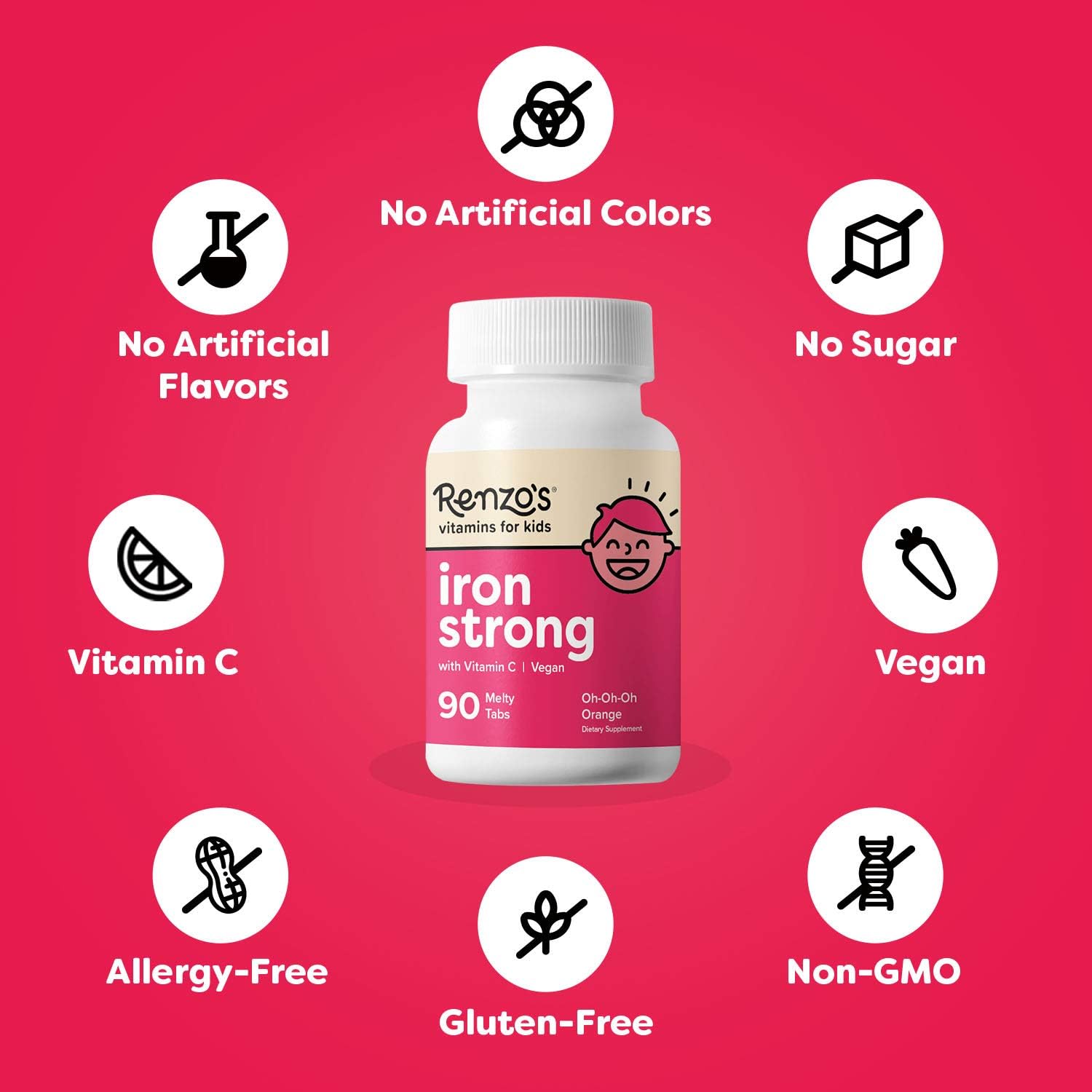 Renzo's Iron Strong, Dissolvable Vegan Vitamins for Kids, Zero Sugar, Oh-Oh-Oh Orange Flavor, 90 Melty Tabs: Health & Personal Care