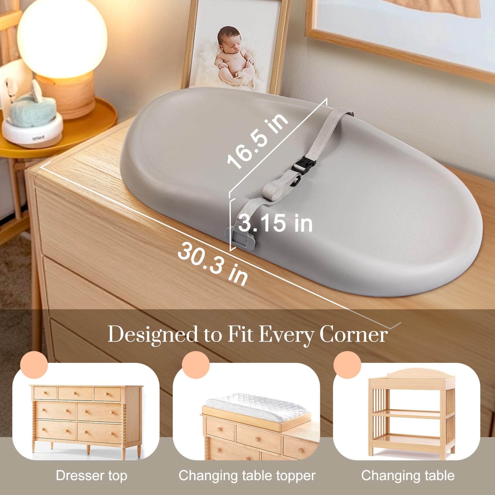 Wipe-Clean Changing Pad, Waterproof & Wipeable, Soft & Non-Slip Diaper Adjustable Safety Belt, Changing Pad for Dresser, Changing Table
