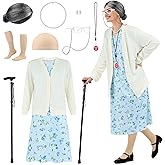 SOMSOC 8 Pieces Women Old Lady Costume Grandma Dress Cardigan with Wig Glasses Cane for 100 Days of School Cosplay