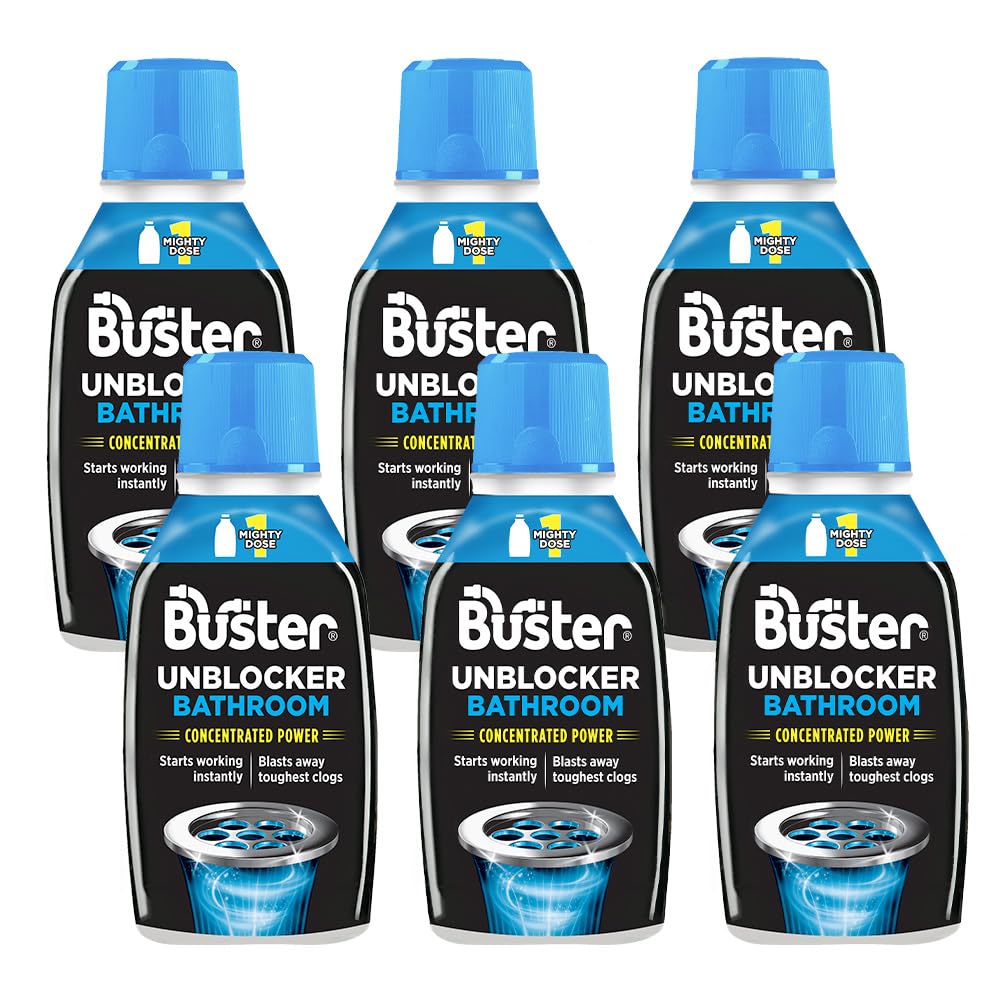 Buster Bathroom Drain Unblocker (Pack of 6 x 300ml) Fast-Acting Sink Unblocker Dissolves Hair, Sludge and Soap, Drain Cleaner Clears Blockages in Shower, Bath and Bathroom Sink Pipes - Made in UK